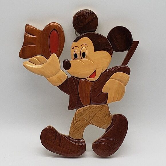 Intarsia Wood Vintage 1980s Carved Mickey Mouse Top Hat & Cane Wall Hanging - Picture 14 of 15